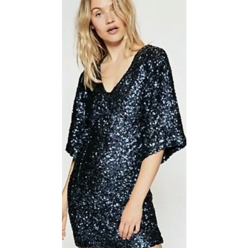 New Free People Party Girl 0 4 6 Blue Allover Sequins Mini Dress